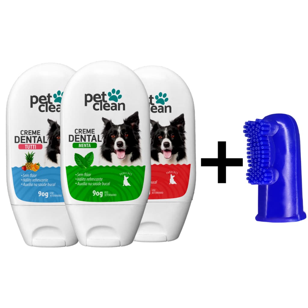 Kit Creme Dental Pet Clean + Dedeira para Cães e Gatos