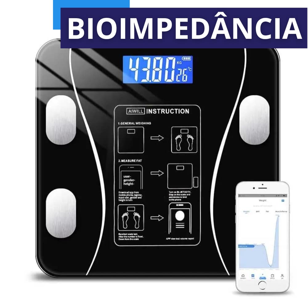 Balança Bioimpedância Digital Até 180kg Aplicativo Vidro Temperado Alta Precisão Pesagem Dieta Fit
