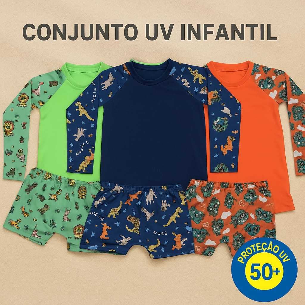 Conjunto Infantil Menino Camisa UV Manga Longa + Sunga Boxer para Praia/Piscina