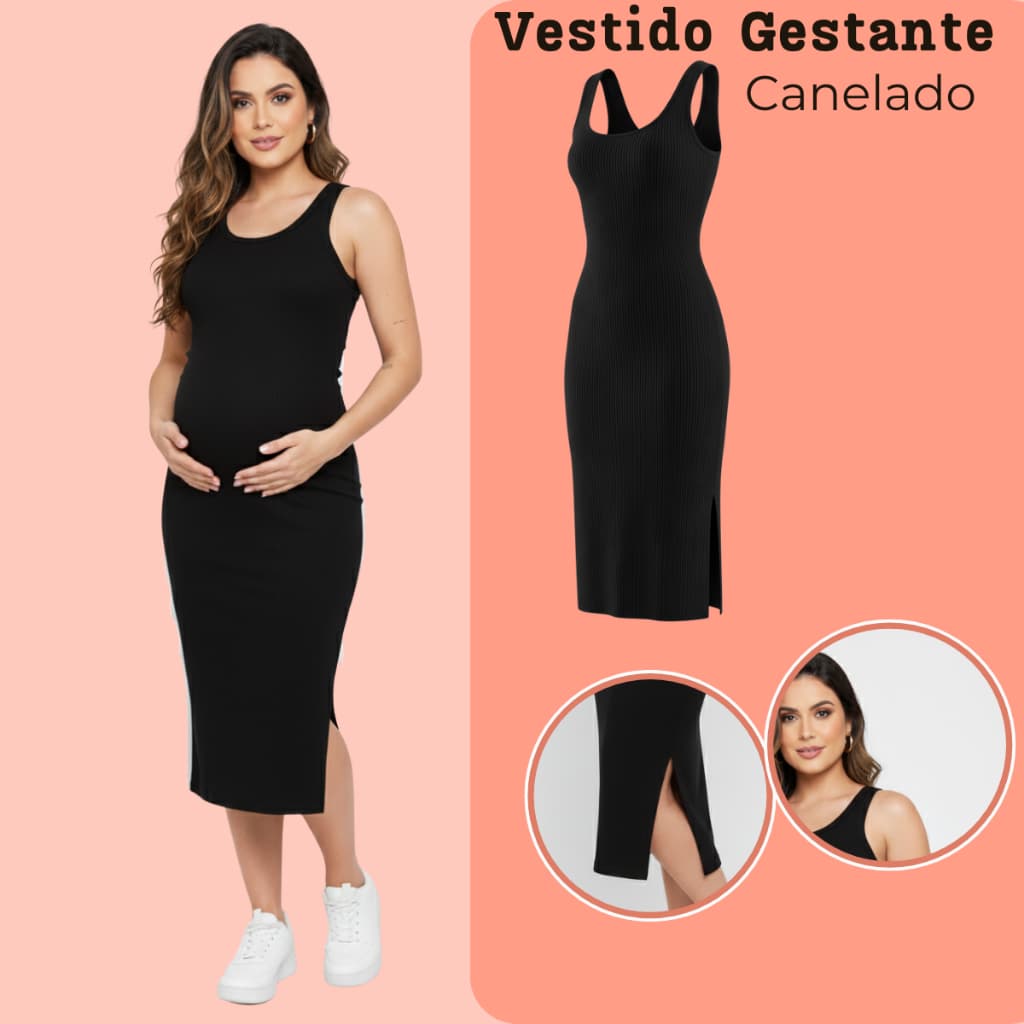 Vestido Gestante Canelado Midi Com Fenda