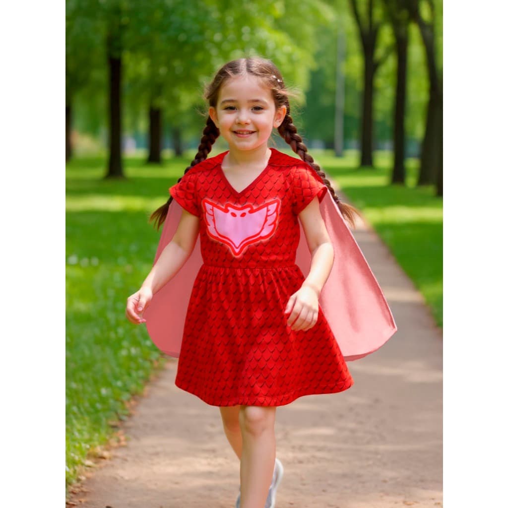 Fantasia Vestido Infantil Menina Corujita PJ Masks Com Capa Longa Festa Aniversário Halloween