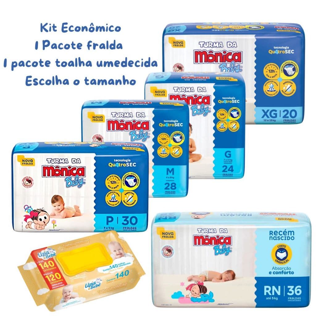 Kit Fralda Descartável Turma da Mônica Baby + Toalhas Umedecidas Upa Bebê – Cuidado do Bebê