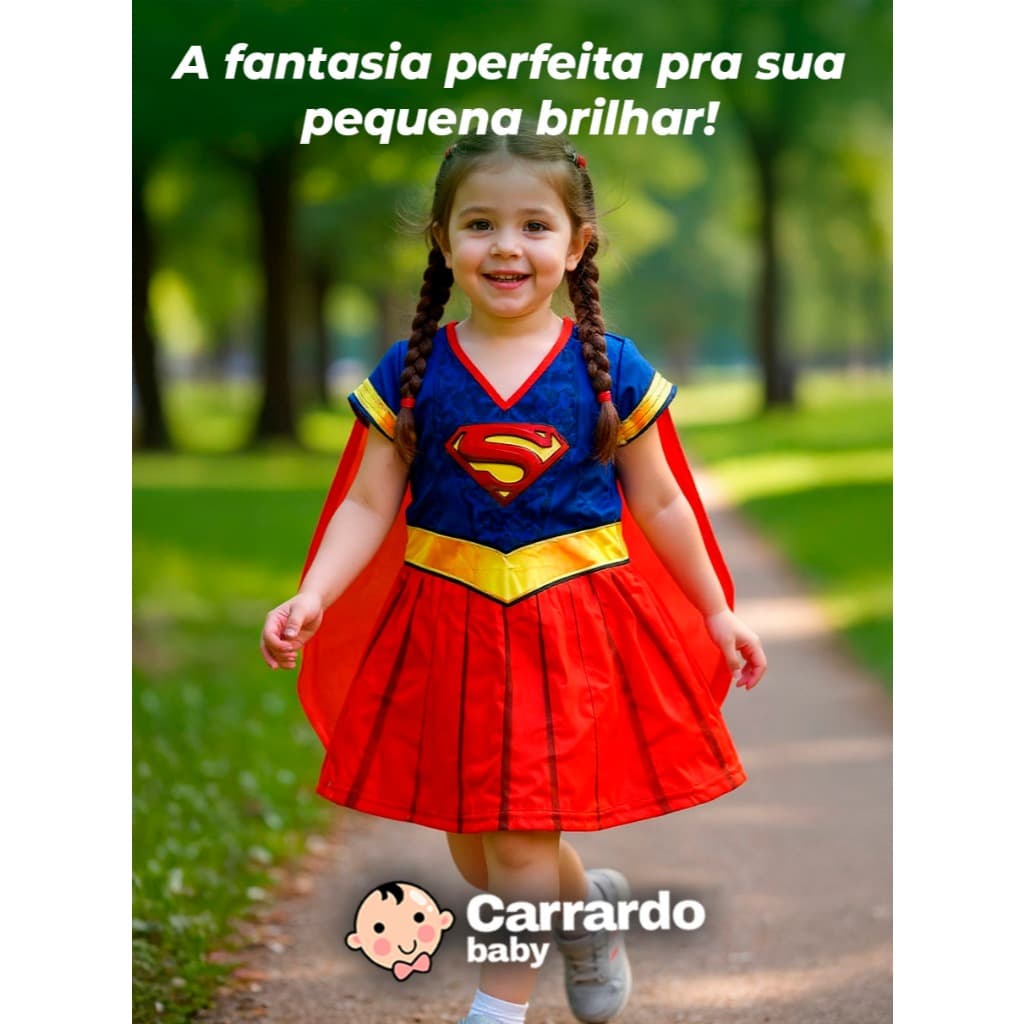 Fantasia Infantil Menina Vestido Supergirl com Capa Longa Premium Barata Festa Aniversário Halloween