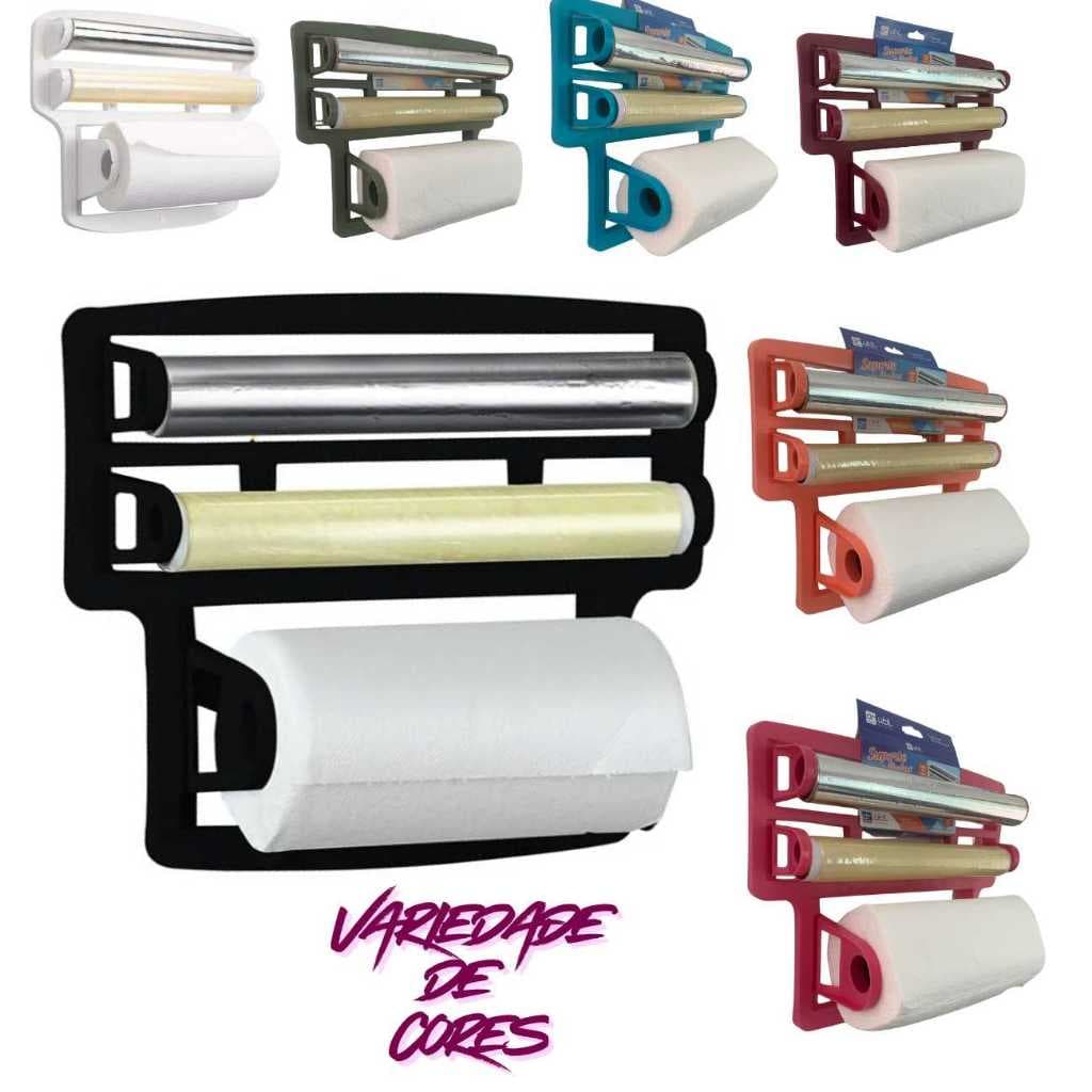 Porta Rolo Suporte Parede Cozinha 4 em 1 Papel Toalha, Alumínio, Filme PVC e 2 Ganchos para Talheres