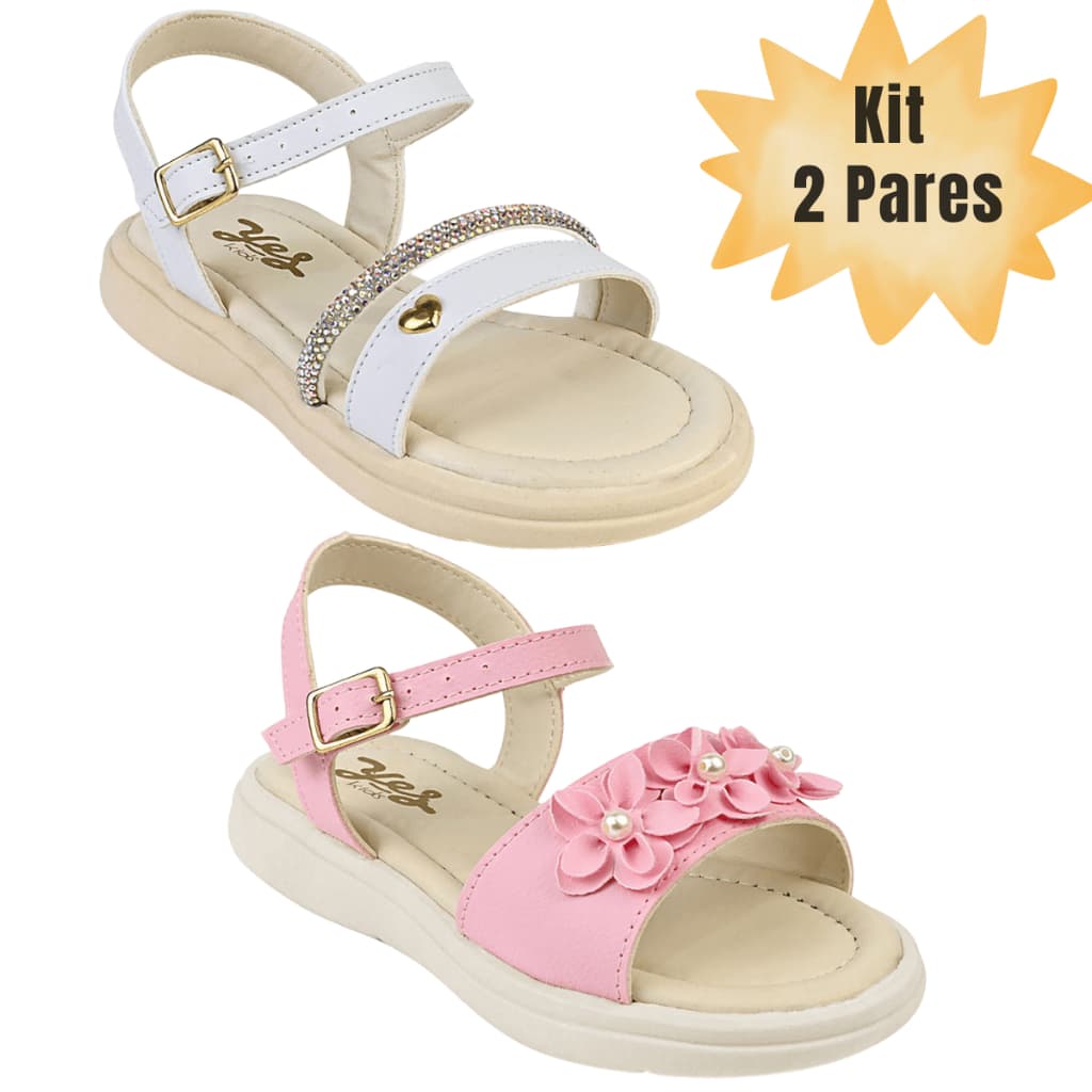 Kit 2 Pares Sandália Infantil Menina Alpercata Feminina Flor e Strass Confortável Leve Casual