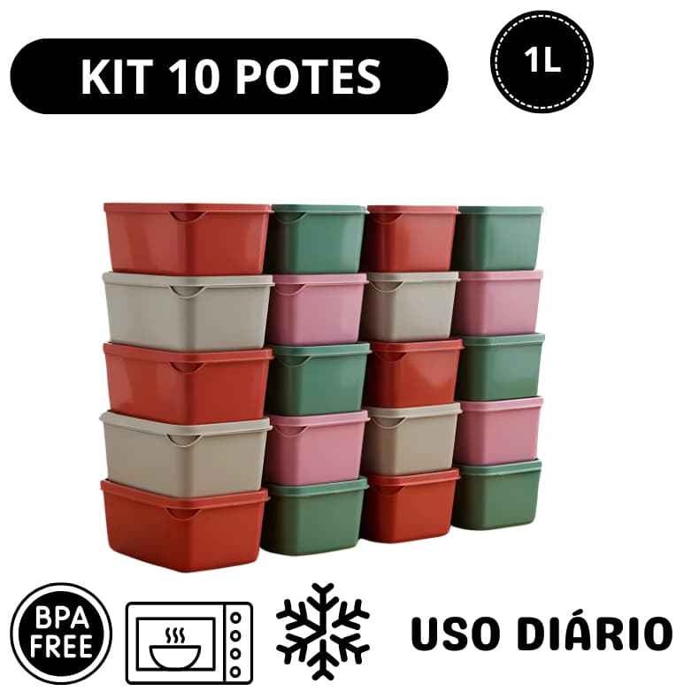 Kit 10 Potes Retangular 1L Armazenamento Alimentos Tampa Marmita BPA Free Micro ondas Freezer