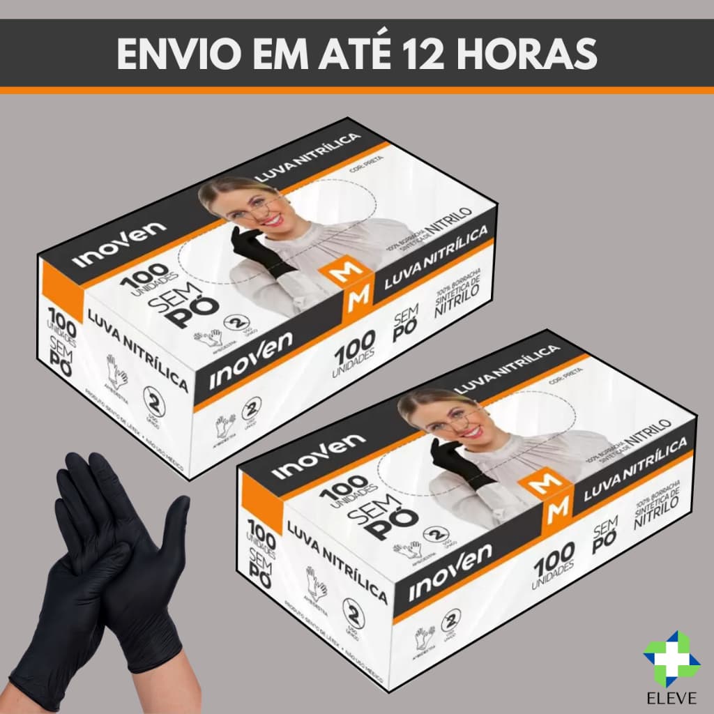 Kit 2 Caixas Luva Nitrilica Preta Sem Pó Descartável 200 Un. Inoven Tamanhos P M G GG Kits 1 ou 2