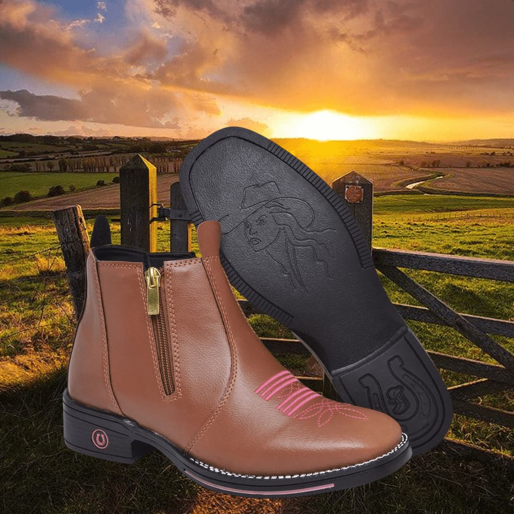 Bota Botina Feminina Country Texana Couro Ecológico Zíper e Rebites Bordado Rosa