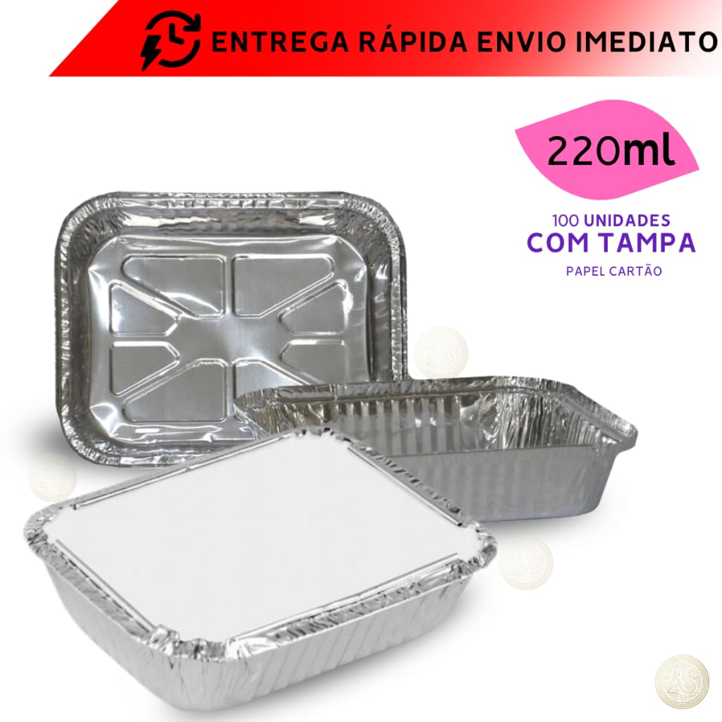 Marmita de Alumínio Com Tampa Retangular 220ml M90 Para Bolos Empadas Lembrancinhas 100 Unidades Descartável Micro Ondas