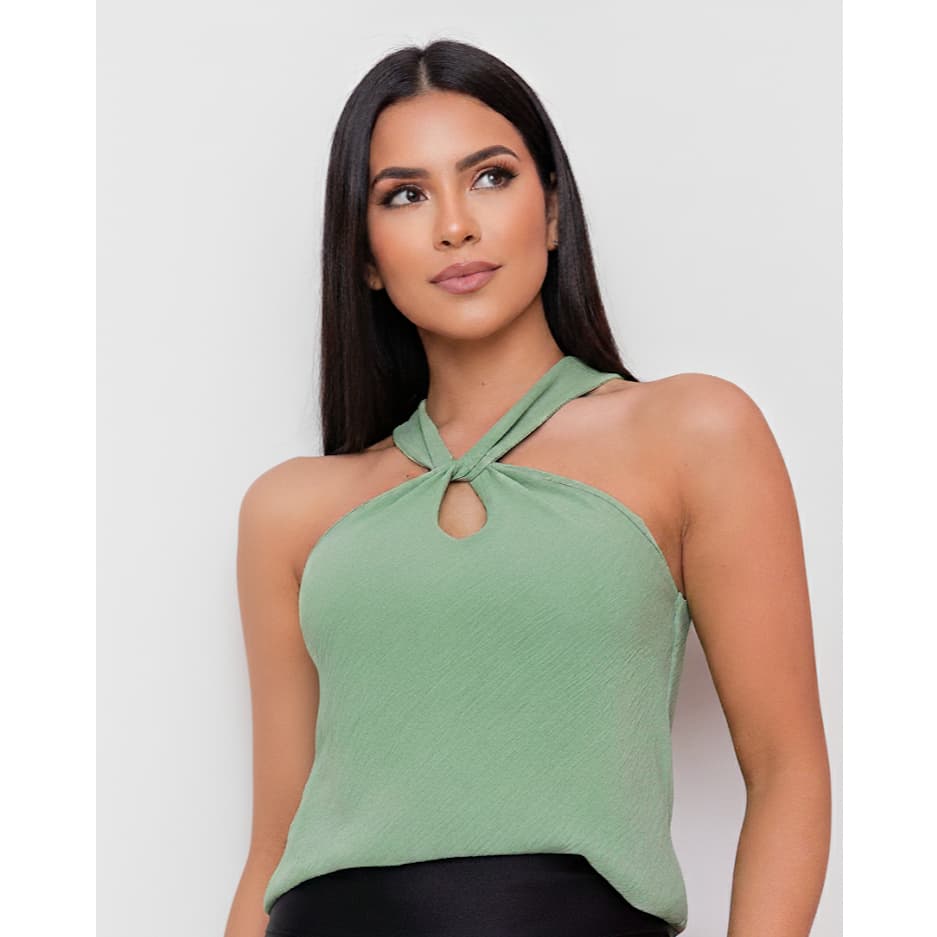 Blusa Regata Feminina Gola Transpassada Nó Torção Frente e Costas Básica Duna Liso Gola Transversal