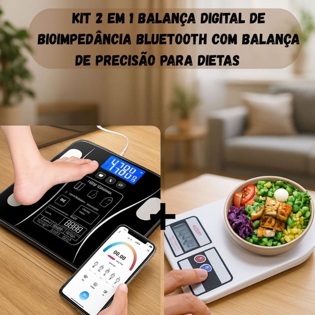 Kit 2 em 1 Balança Digital de Bioimpedância Bluetooth com App + Balança de Precisão para Cozinha - Saúde e Fitness