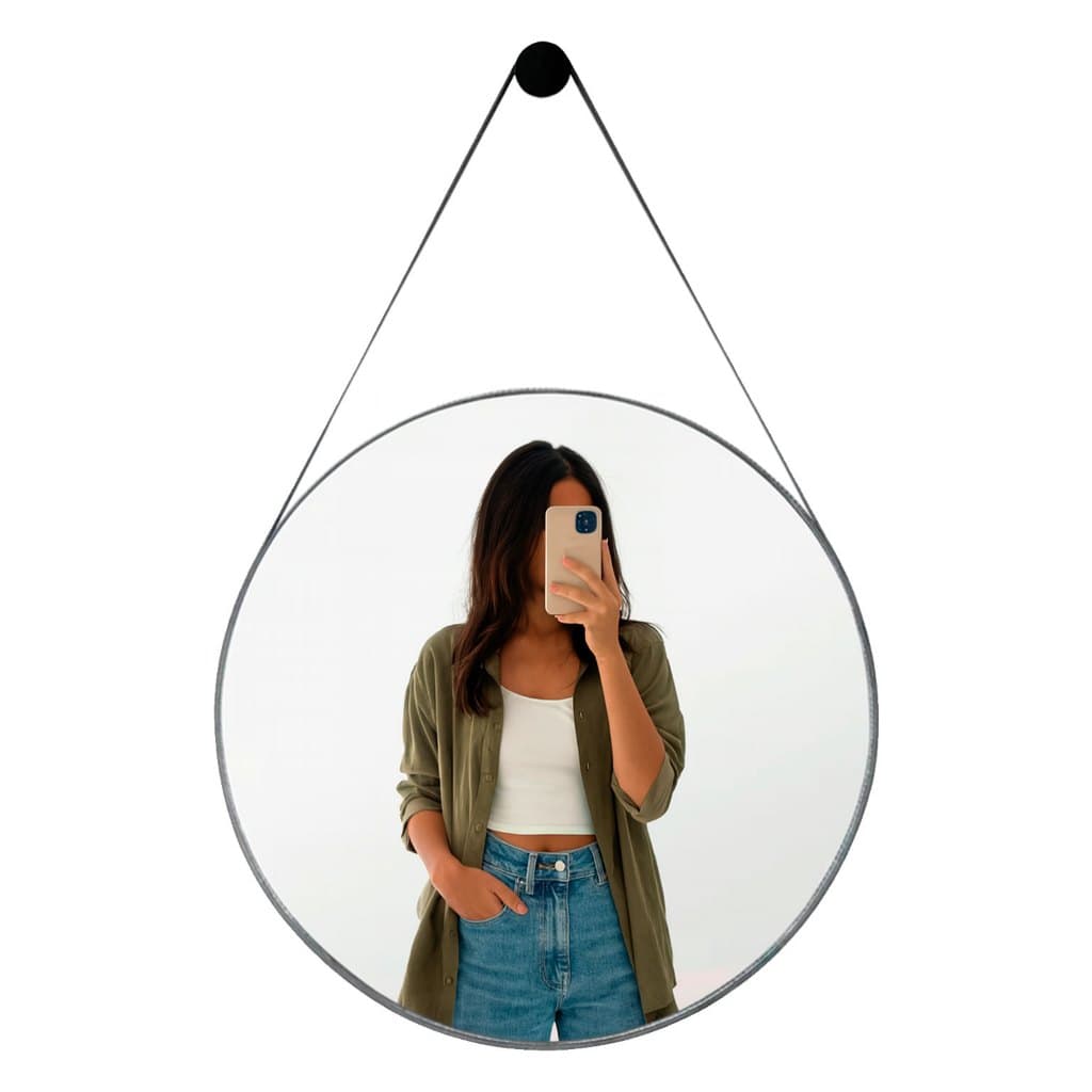 Espelho Adnet Grande Redondo Decorativo Alça de Couro + Pino