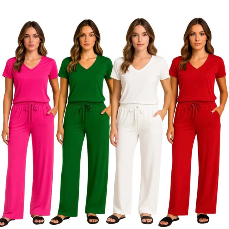 Conjunto feminino calça pantalona e blusa manga curta verão elegante luxo conj blusa e calça folgadinha
