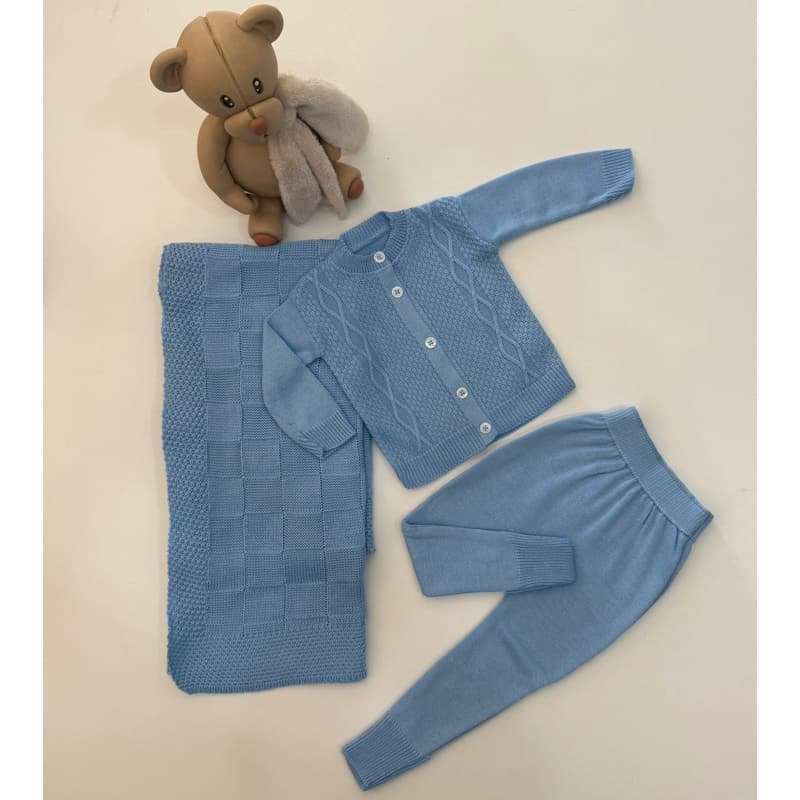 Kit Saída De Maternidade Conjunto Casaco + Calça e Manta em Tricô Menina e Menino