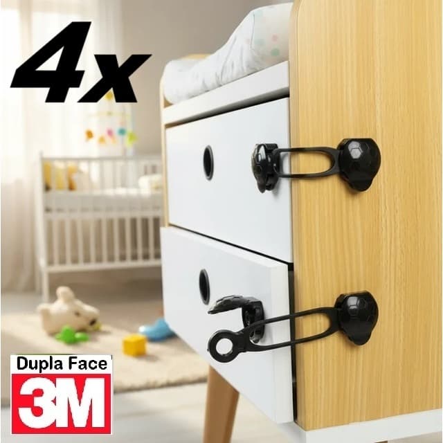 4 Travas Gaveta Segurança Bebê Preto - Adesivo 3M VHB