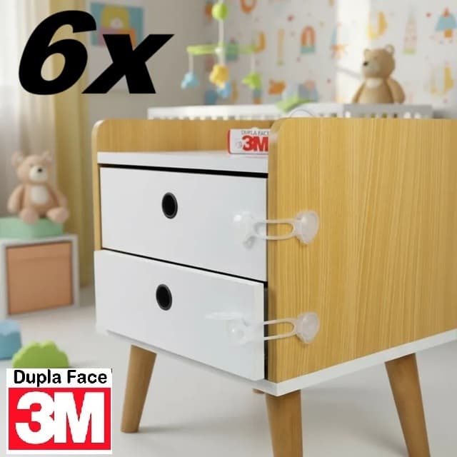 6 Travas Gaveta Segurança Bebê Transparente Incolor - Adesivo 3M VHB