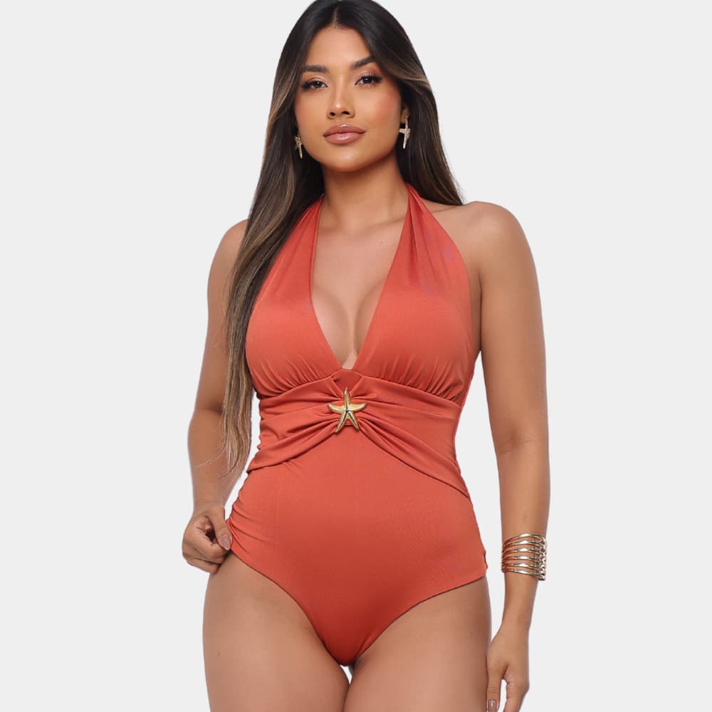 Body Maiô Modelador  Engana Mamãe Versátil Com Bojo Decote Estrela Luxo