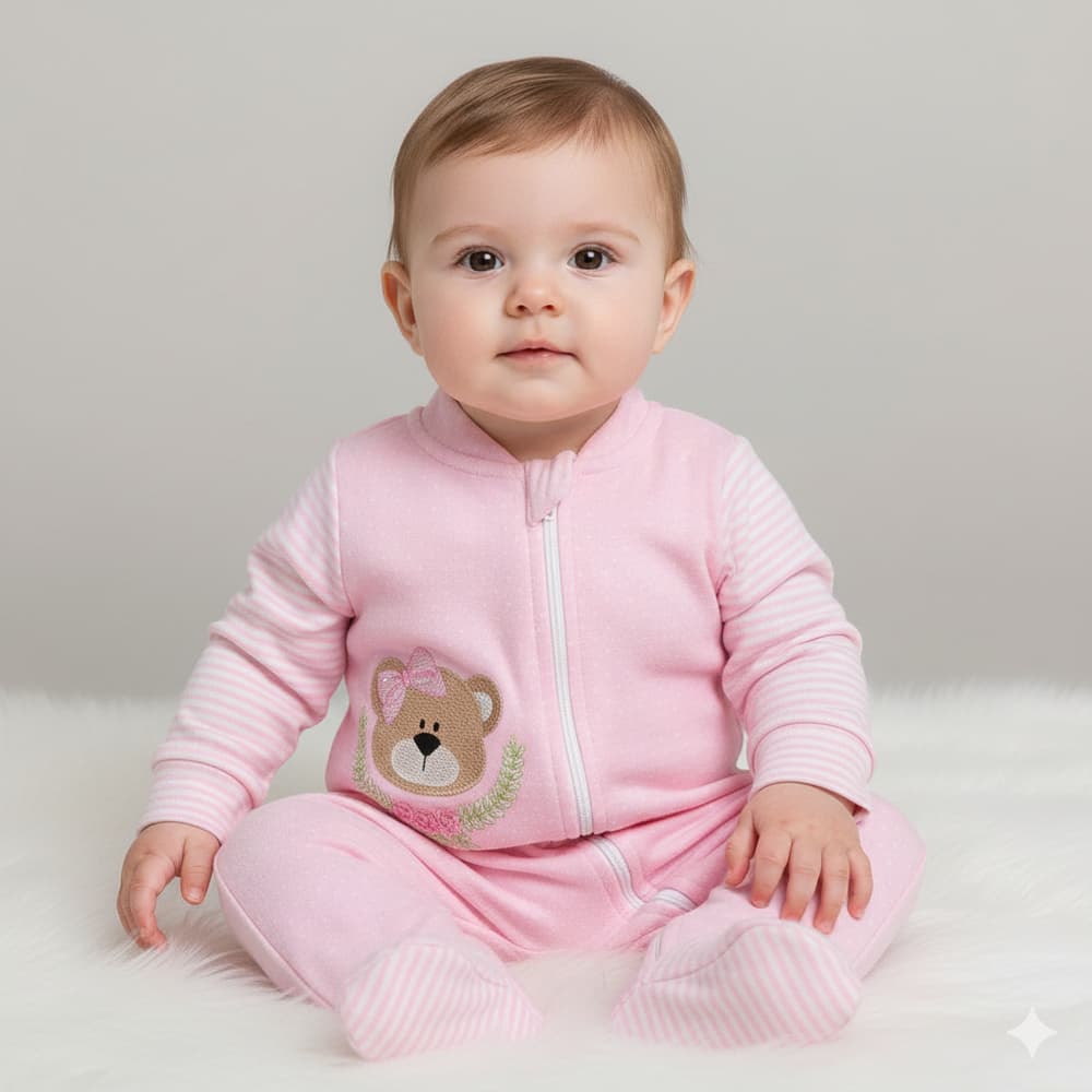 Macacão para Bebê Menina com Estampa Ursinha Zíper Prático e Malha Suedine 100% Algodão