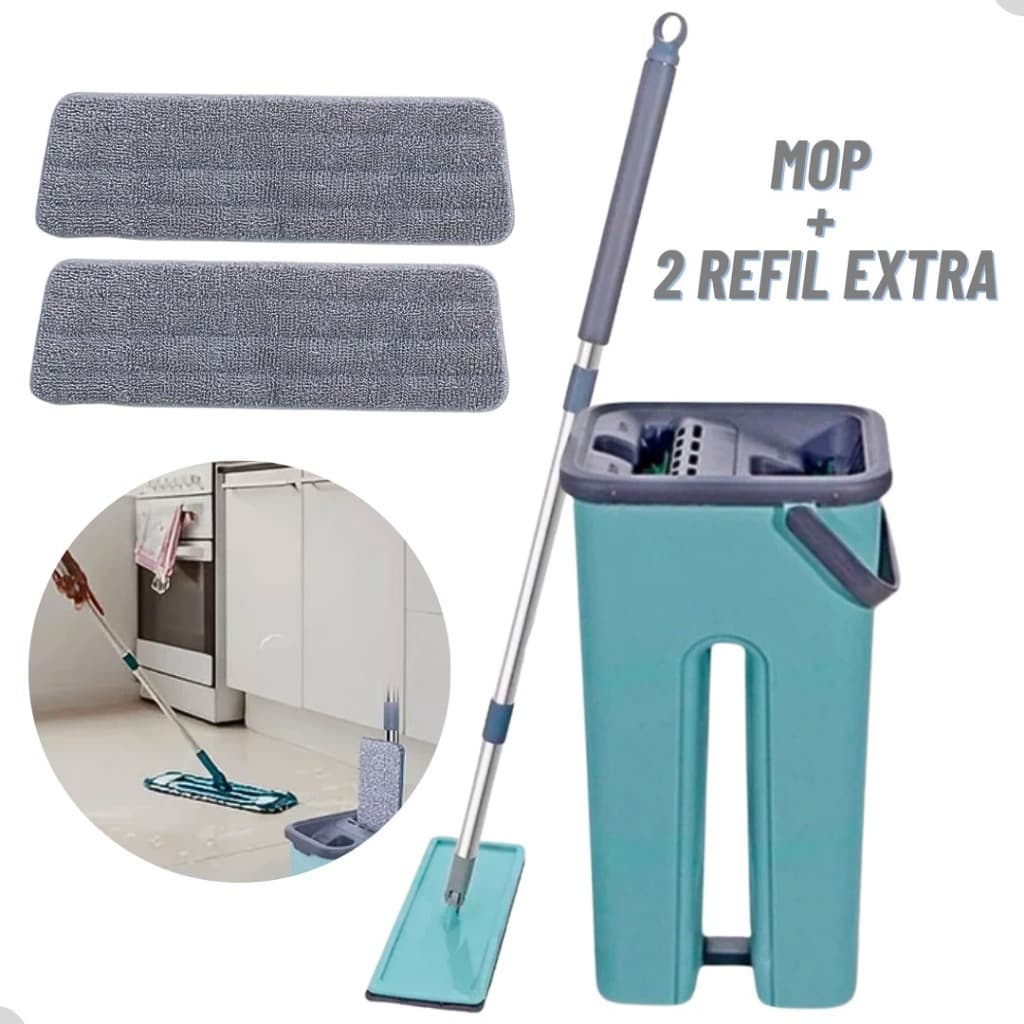 Mop Flat Esfregão Com Balde Rodo Mágico Lava Seca Tira Pó + 2 Refil