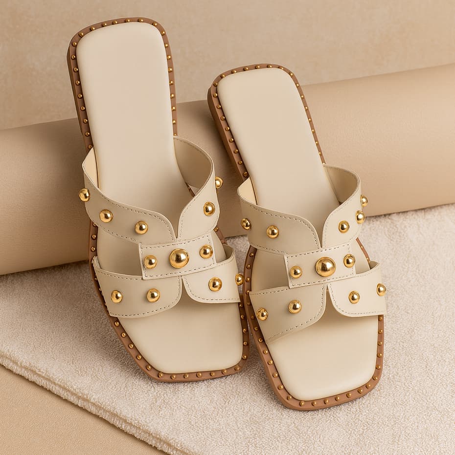 Chinelo Rasteirinha Feminina Fashion com Aplicações Douradas Sandália Elegante e Confortável Verão