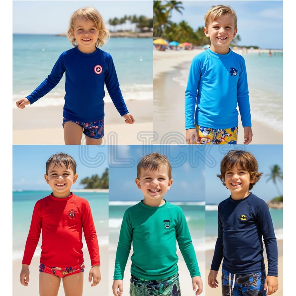 conjunto camisa sunga infantil proteção solar uv50 camiseta praia personagem lisa menino criança