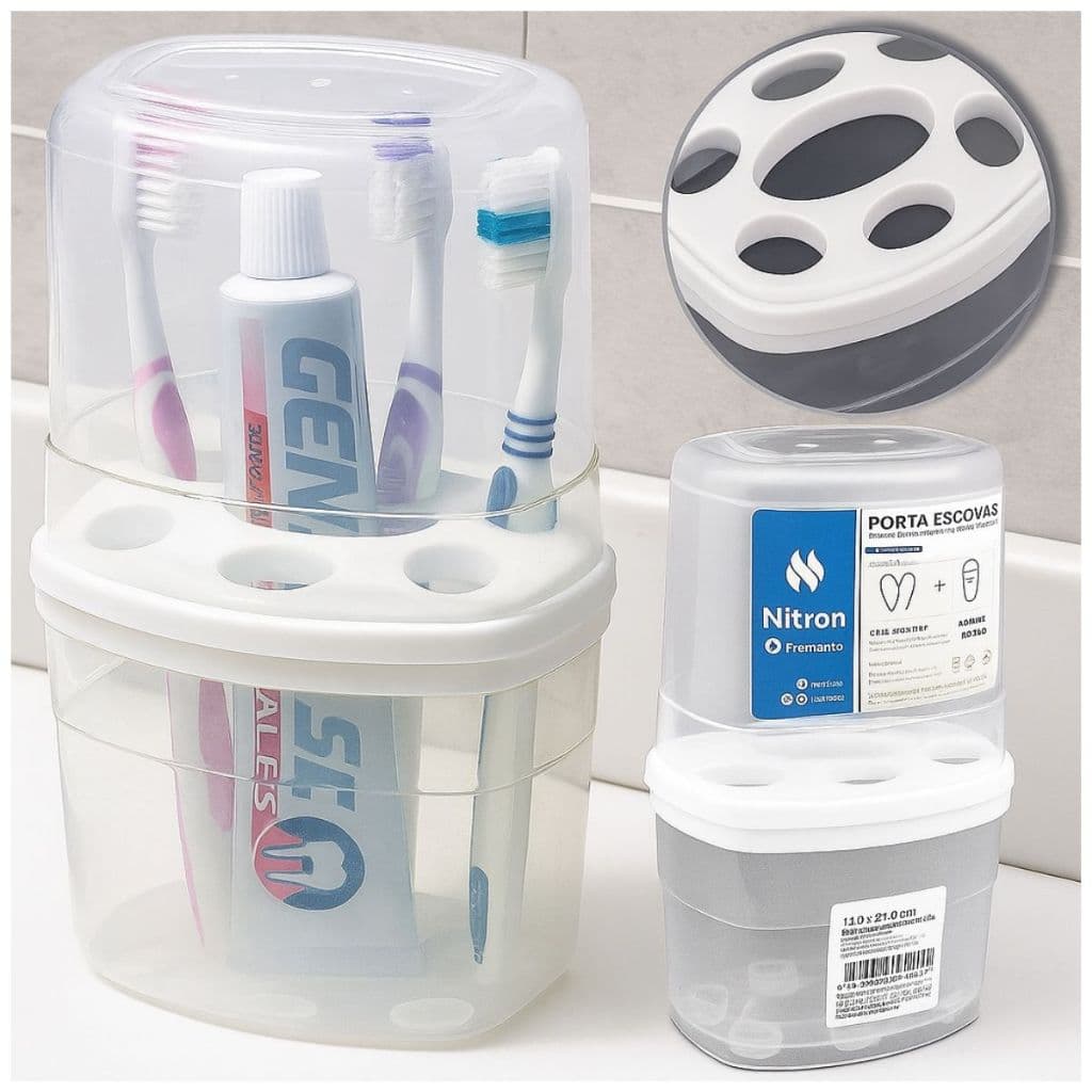 KIT Porta Escova  Dental C/ Tampa 6 Divisória Plástico De Pia