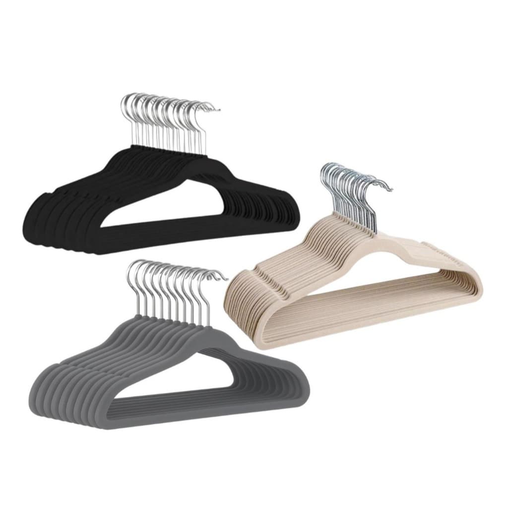 Kit 50 Cabides Reforçados de Veludo Slim Adulto Antideslizante Ultrafino Bege e Cinza e Preto