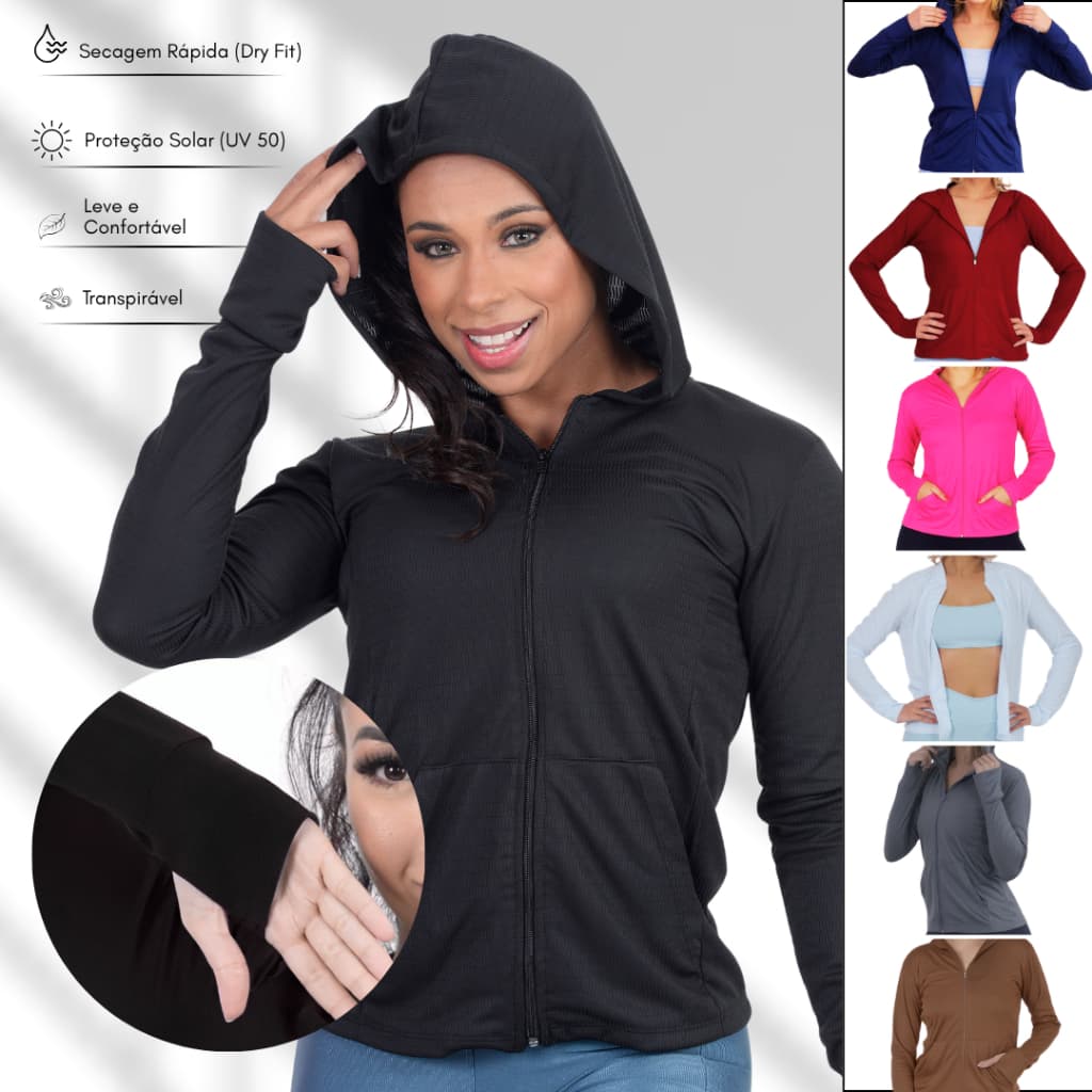 Jaqueta Casaquinho Feminino com Ziper e Capuz Dryfit Academia Proteção Solar