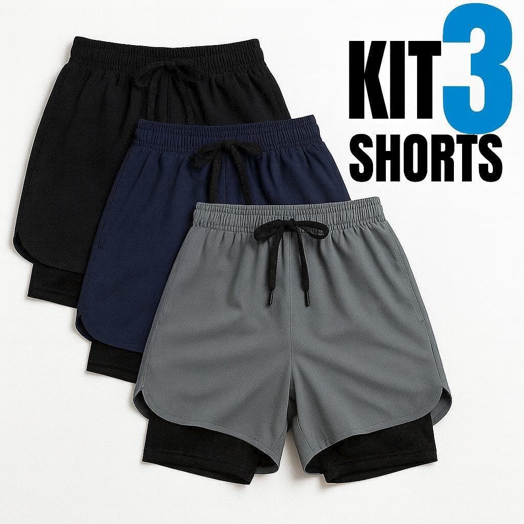 Kit 3 Shorts 2 em 1 PLUS Iron Bull Dry Masculino Corrida e Academia com Forro de Compressão