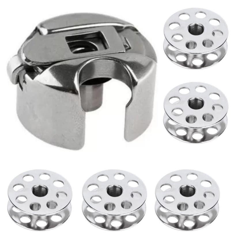 Caixa de Bobina para Máquina Costura Reta Industrial + 5 Bobinas Canelinha Carretilha