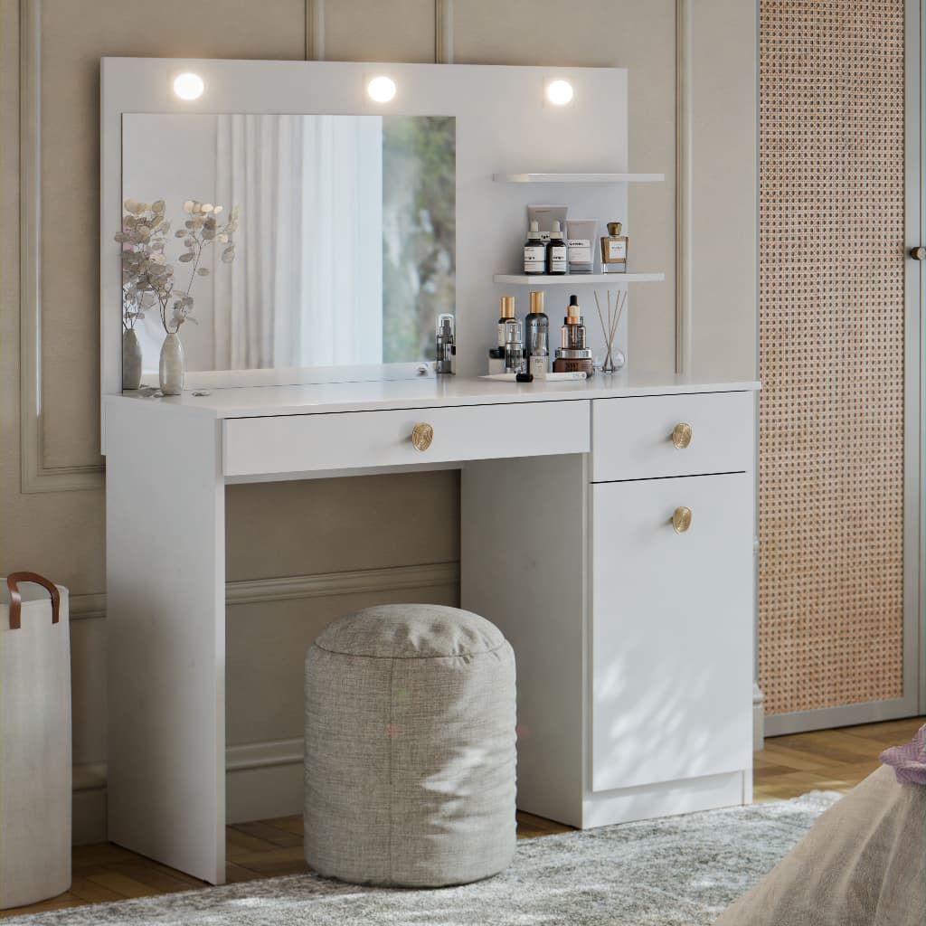 Penteadeira Camarim Jolie com Espelho LED Mesa de Maquiagem com Gaveta Armário e Prateleiras
