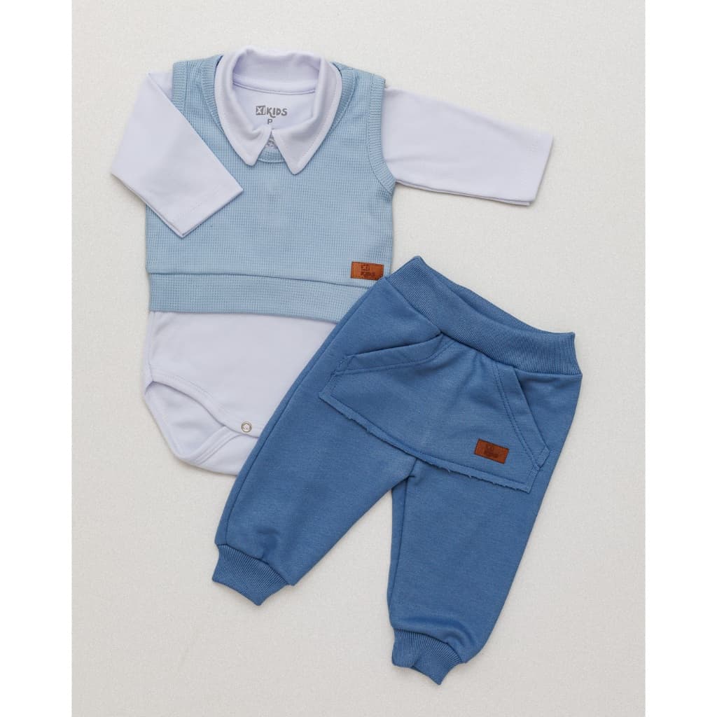 Conjunto 3 Peças Bebê Menino Body Polo Manga Longa Colete e Calça Moletom Careca