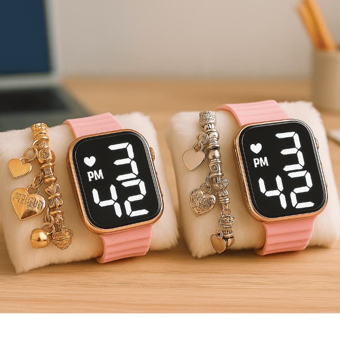 Kit Relógio Feminino + Pulseira Dourada Ou Prata Relógio Digital Com Pulseira de silicone
