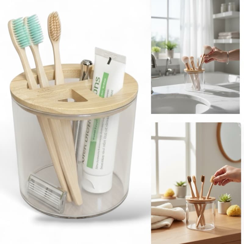 Porta Escova De Dente Acrílico e Bambu