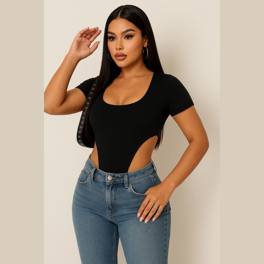 Bori Feminino Body Cavado Sem Bojo Manga Curta Preto Liso