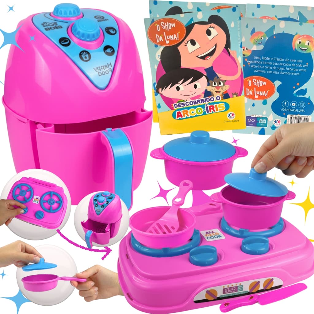 KIT COZINHA INFANTIL COM FOGÃO + AIRFRYER + JOGO DE JANTAR PANELINHAS  peças