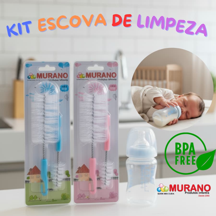 Kit 1-5 Escovas Higiene Limpeza para Mamadeira e Bico – Murano | 2 Escovas NOVA2
