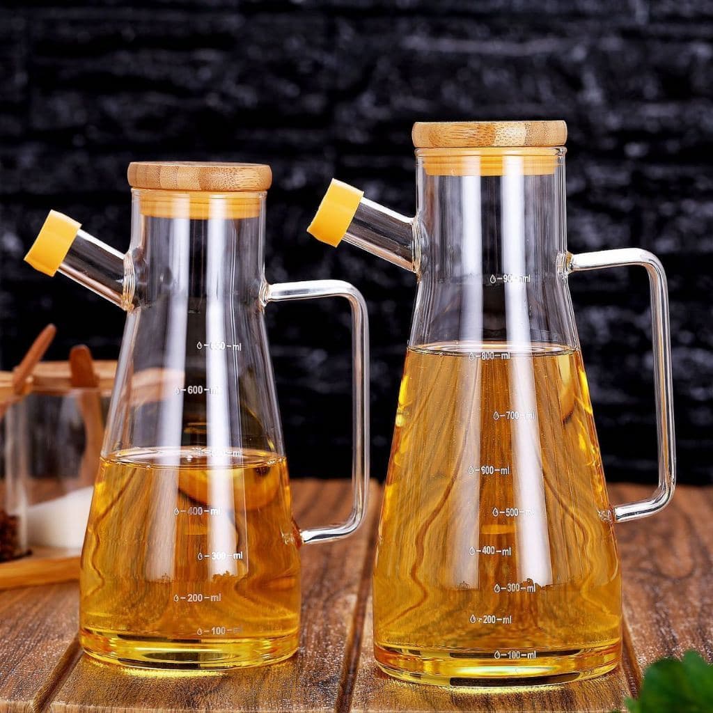 Galheteiro de Vinagre/Azeite com Tampa de Bambu e Bico Dosador Jarra de Vidro 900ml