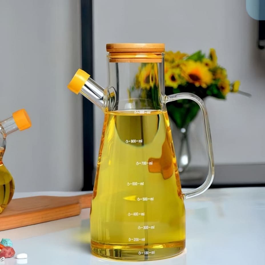 Galheteiro de Vinagre/Azeite com Tampa de Bambu e Bico Dosador Jarra de Vidro 900ml