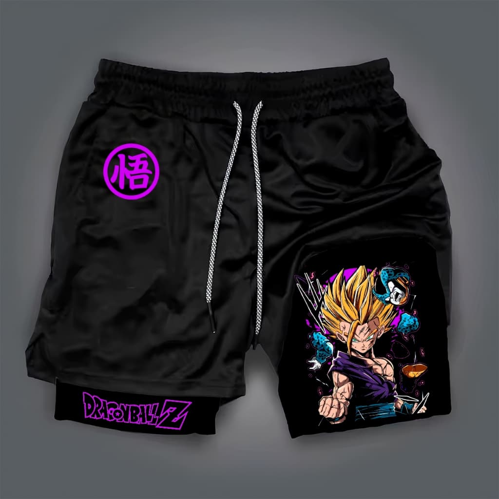 Short 2 em 1 Compressão  Dry-Fit Estampado Vegeta Goku Gohan Dragon Anime Ball Z Geek Gym Fitness