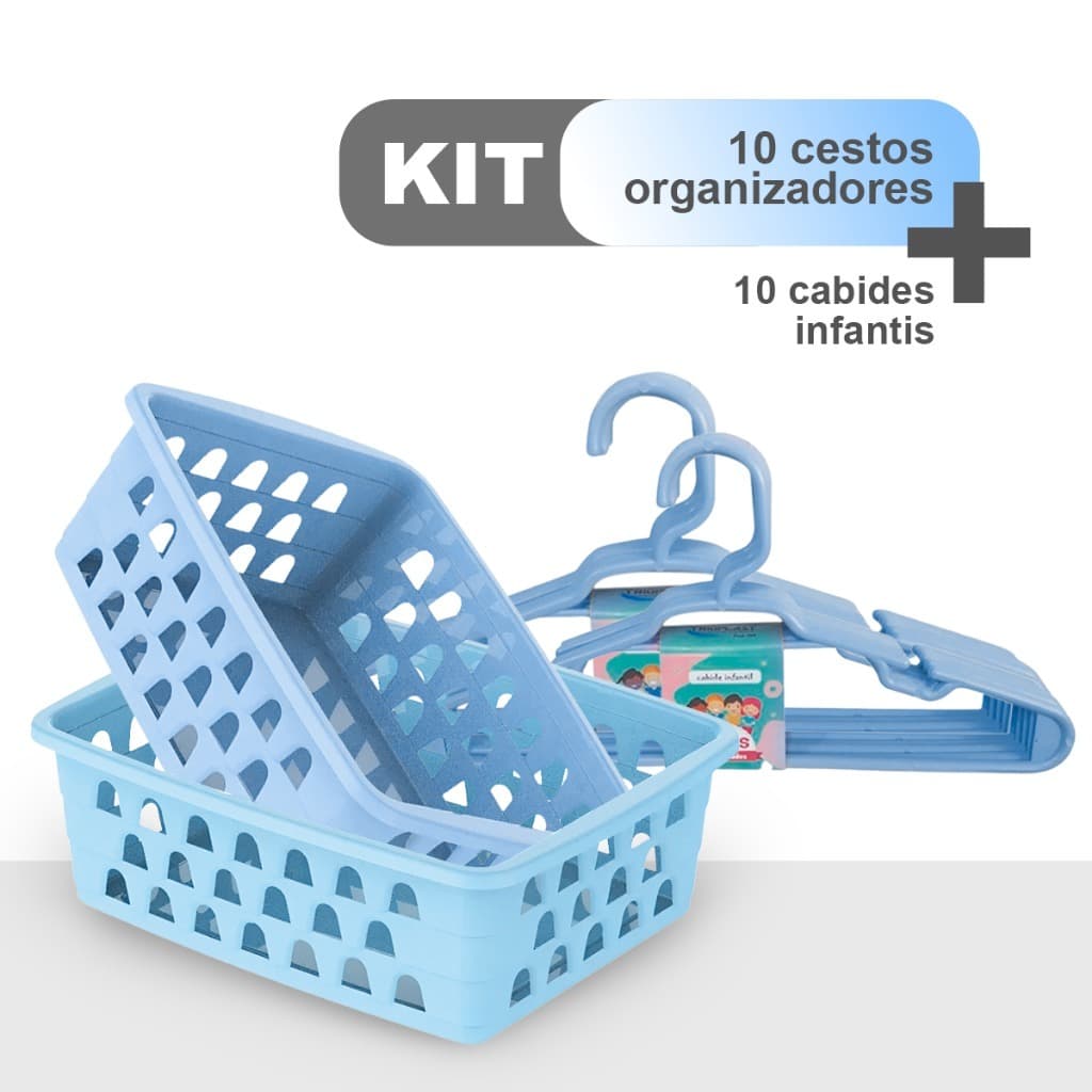 Kit 10 Cestinha Organizadora + 10 Cabides Infantil - Azul bebe