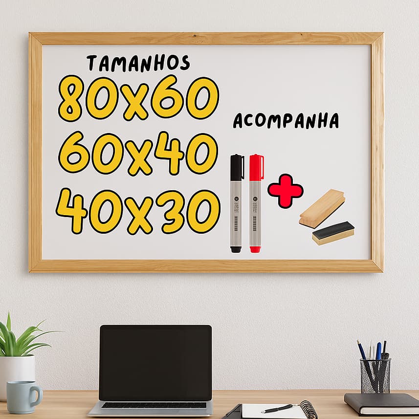 Quadro Lousa Escolar Branco Moldura em Madeira + 2 canetões e Apagador