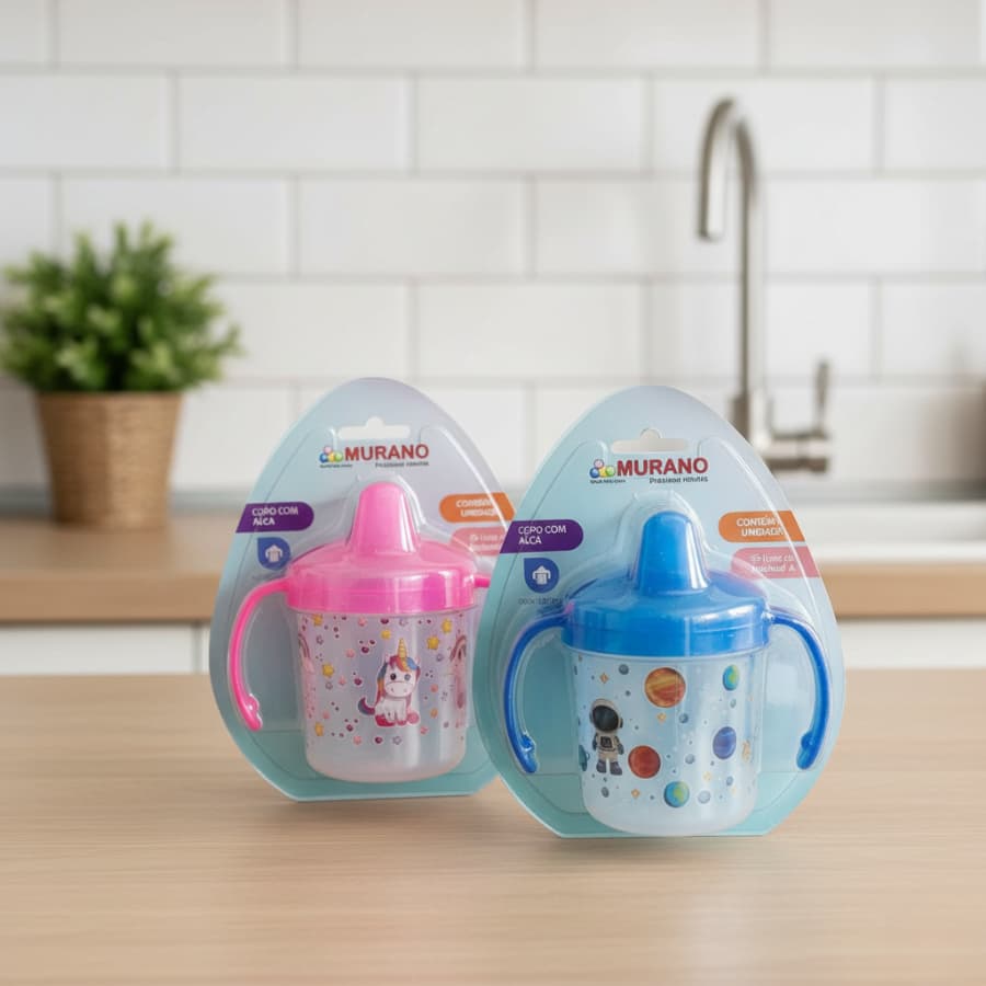 Kit 1-5 Copo com Alça 200ml Murano  Bebê Livre de BPA |  Infantil  Azul e Rosa REF 140-E LUMX3 ERA