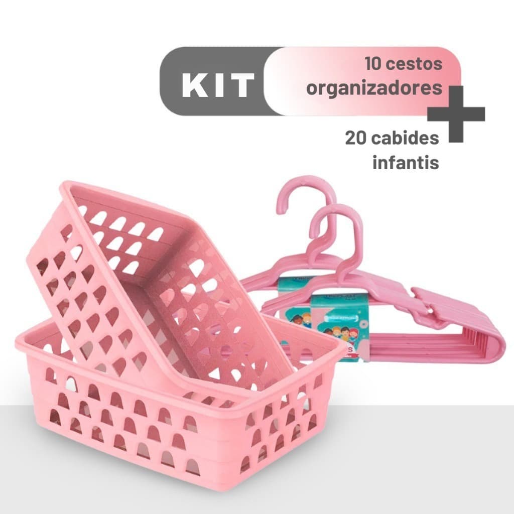 Kit 20 Cabides Infantil e 10 Cestos Organizador Rosa Guarda Roupa