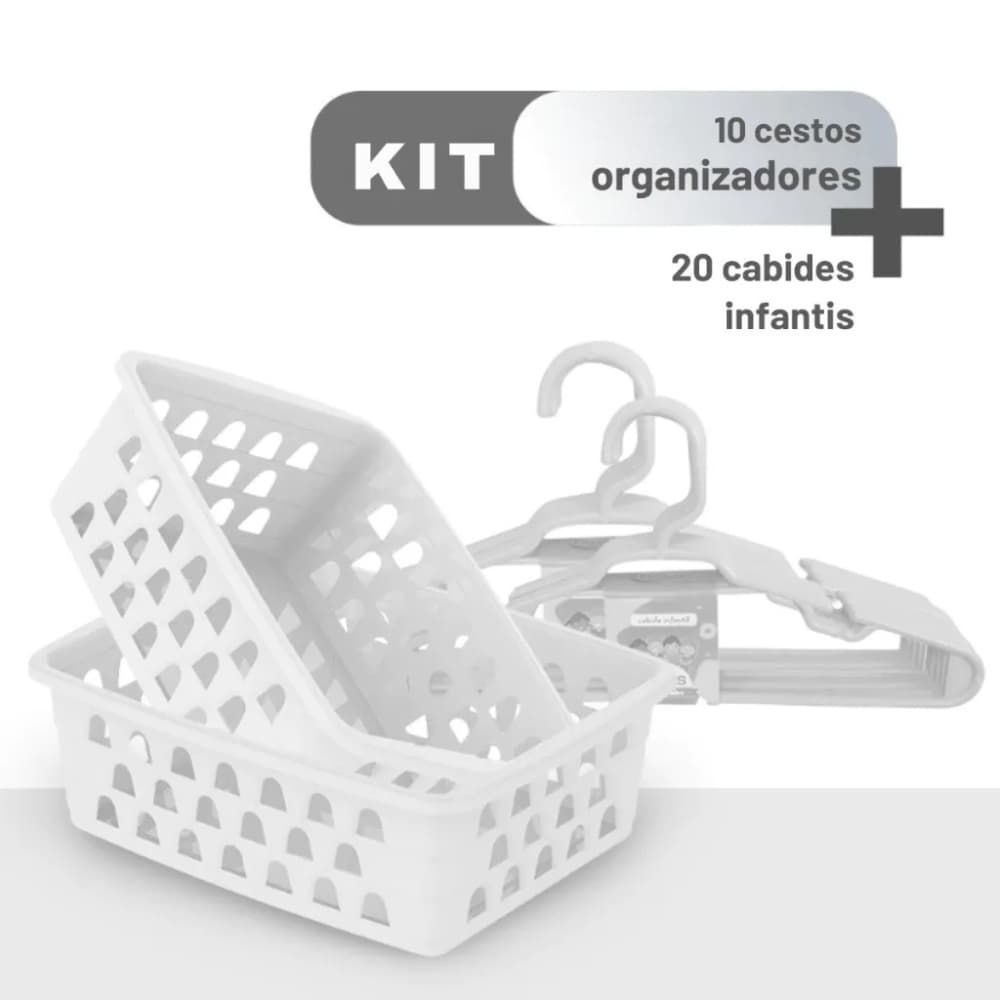 Kit 20 Cabides Infantil e 10 Cestos Organizador Branco Guarda Roupa