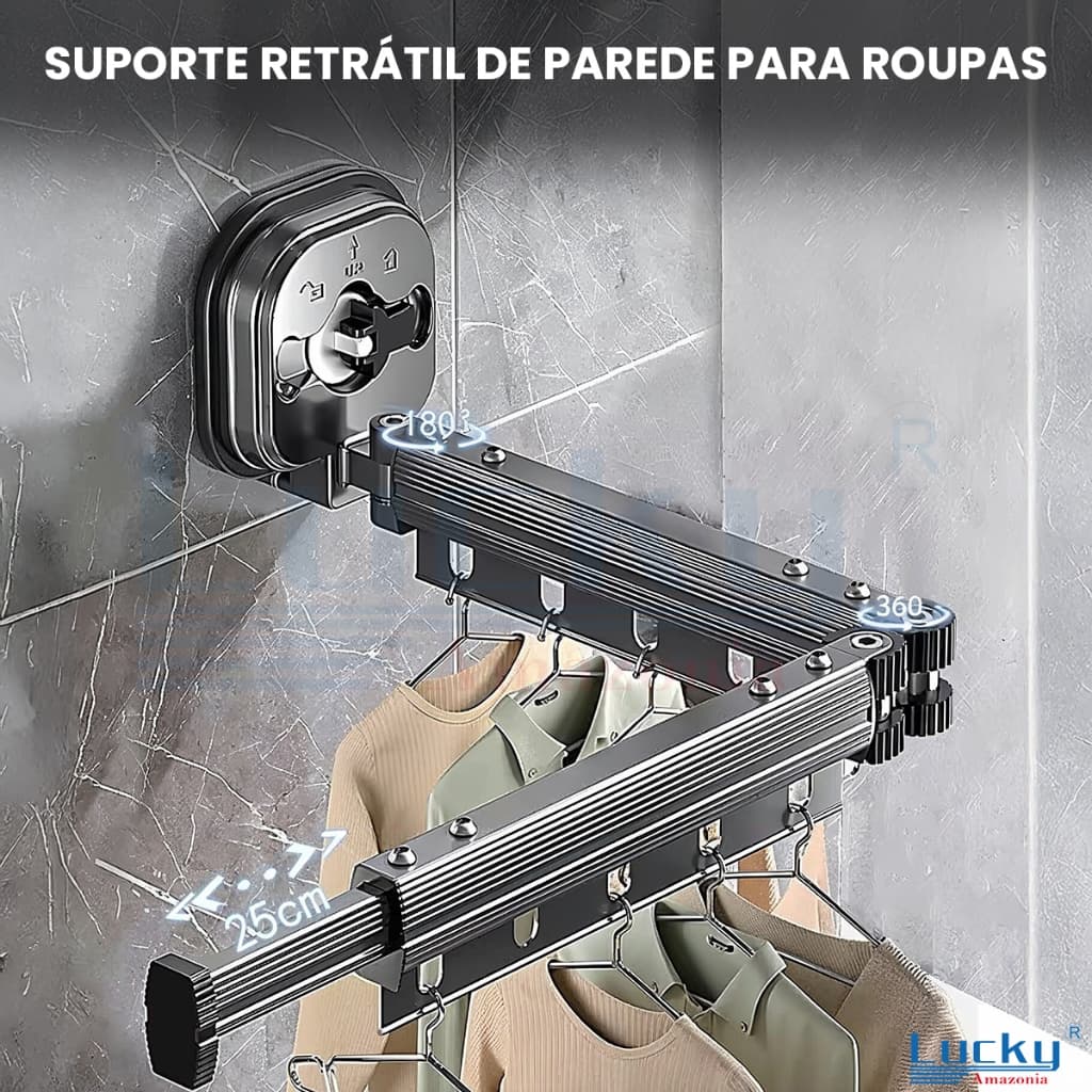 Cabideiro de Roupa Retrátil de Parede Varal Articulado Ventosa Suporte Retrátil 92cm  Rotação 360