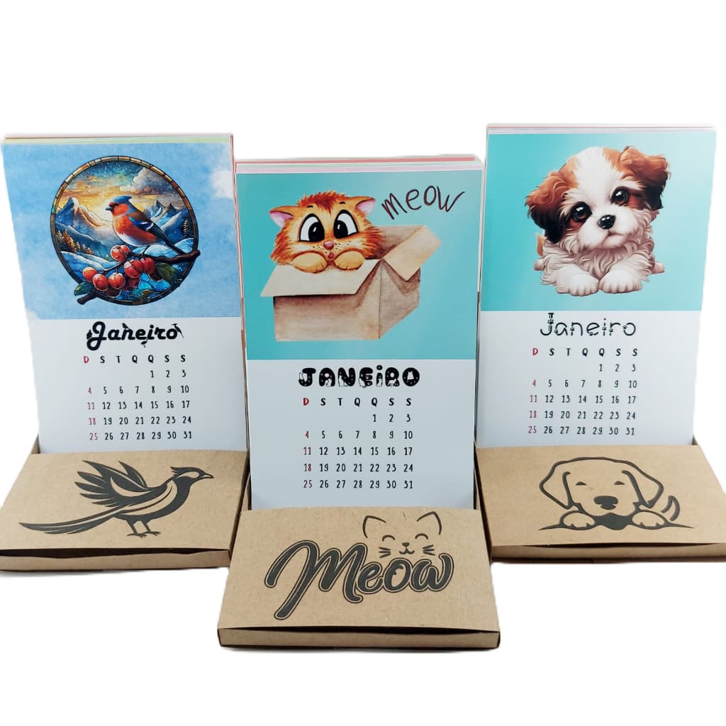 Calendário de mesa - Gatinhos / Cachorrinhos / Passarinhos - 2026