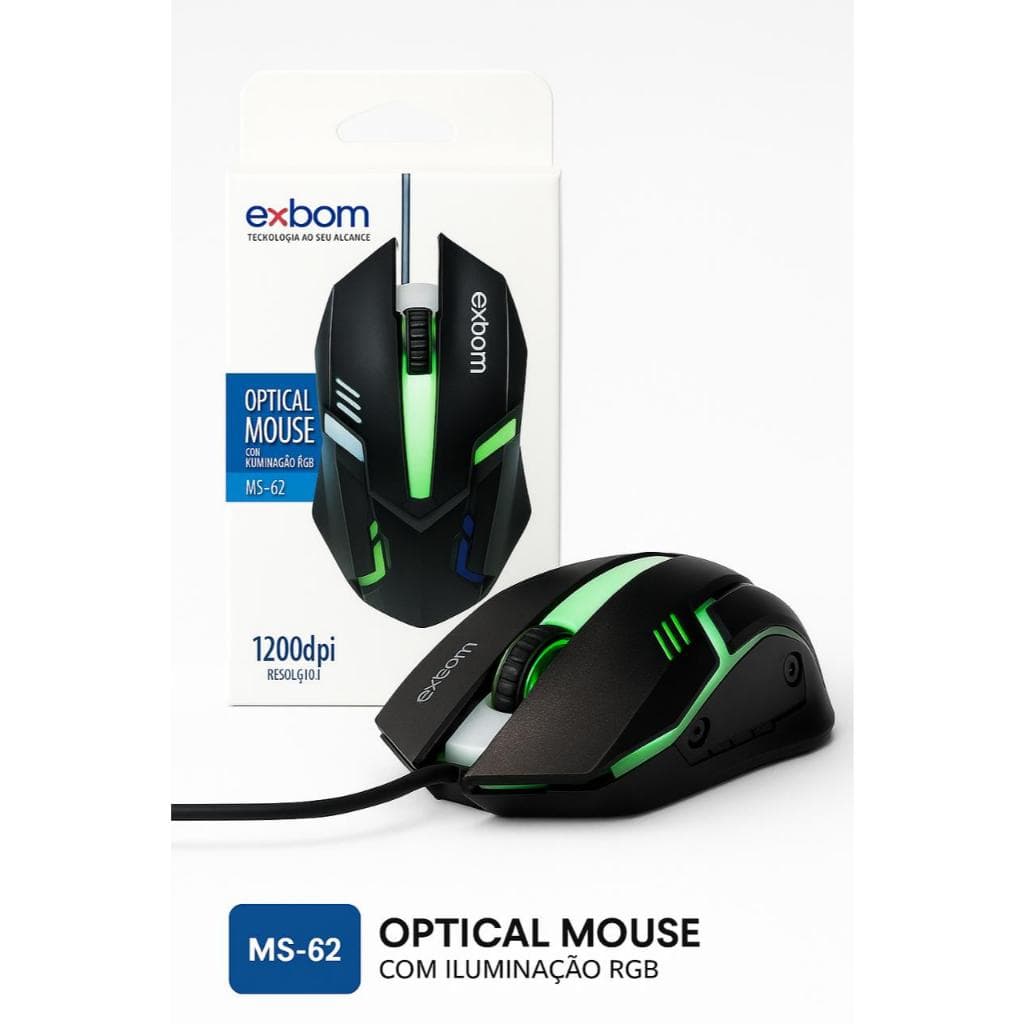 Mouse Gamer Exbom MS-62 RGB 7 Cores USB 1200DPI Com Fio Ergonômico LED para PC e Notebook