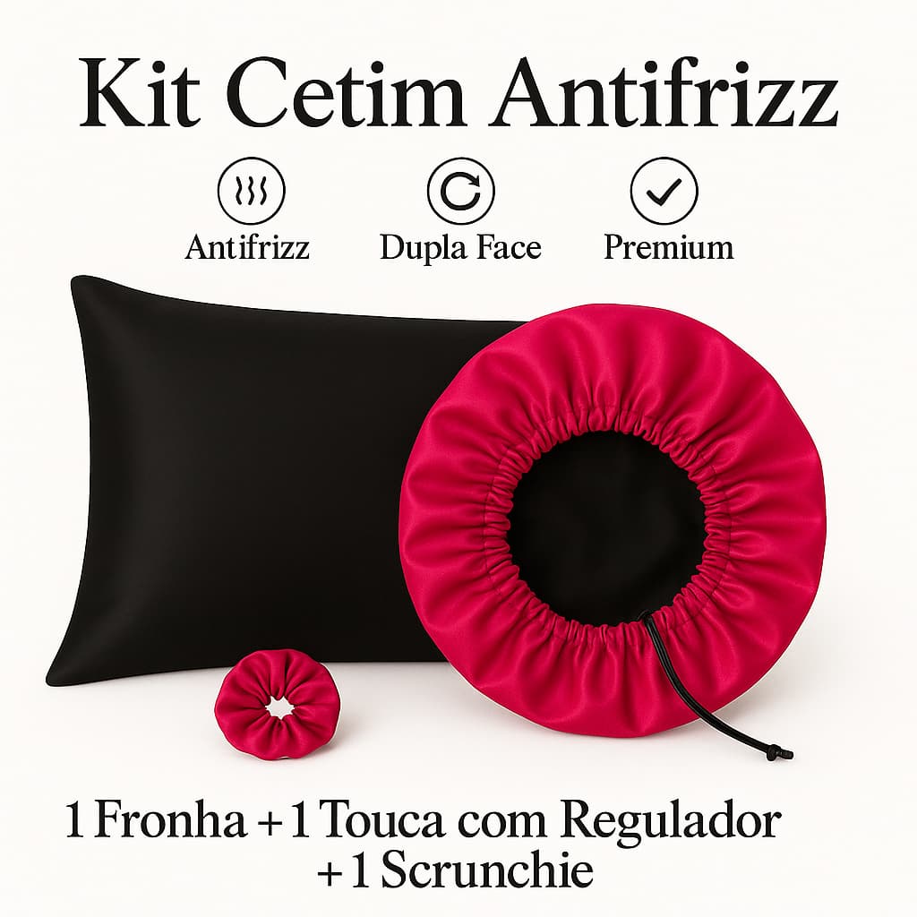 Kit Cetim Antifrizz – Fronha + Touca Regulável Dupla Face + Scrunchie Premium