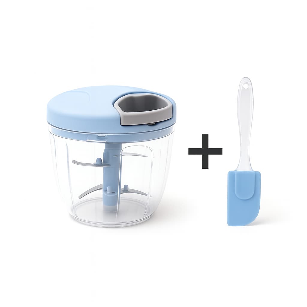 Kit Processador Triturador Picador Manual Alimentos 900ml + Espátula Silicone 5 Lâminas Inox Base Antiderrapante
